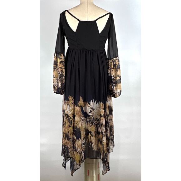 Black Gold Floral Dress Handkerchief Hem SMALL Boho Festival Whimsigoth Peasant - Picture 5 of 9